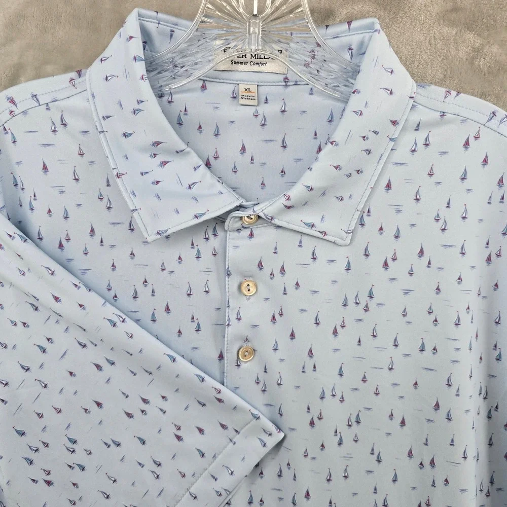 Peter Millar Mens XL Summer Comfort Golf Polo Blue Sailboat Print Performance - Picture 1 of 9